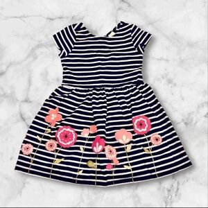GYMBOREE~Girls Size 4T Navy Blue/White Striped Floral Applique Dress EUC~SKU164